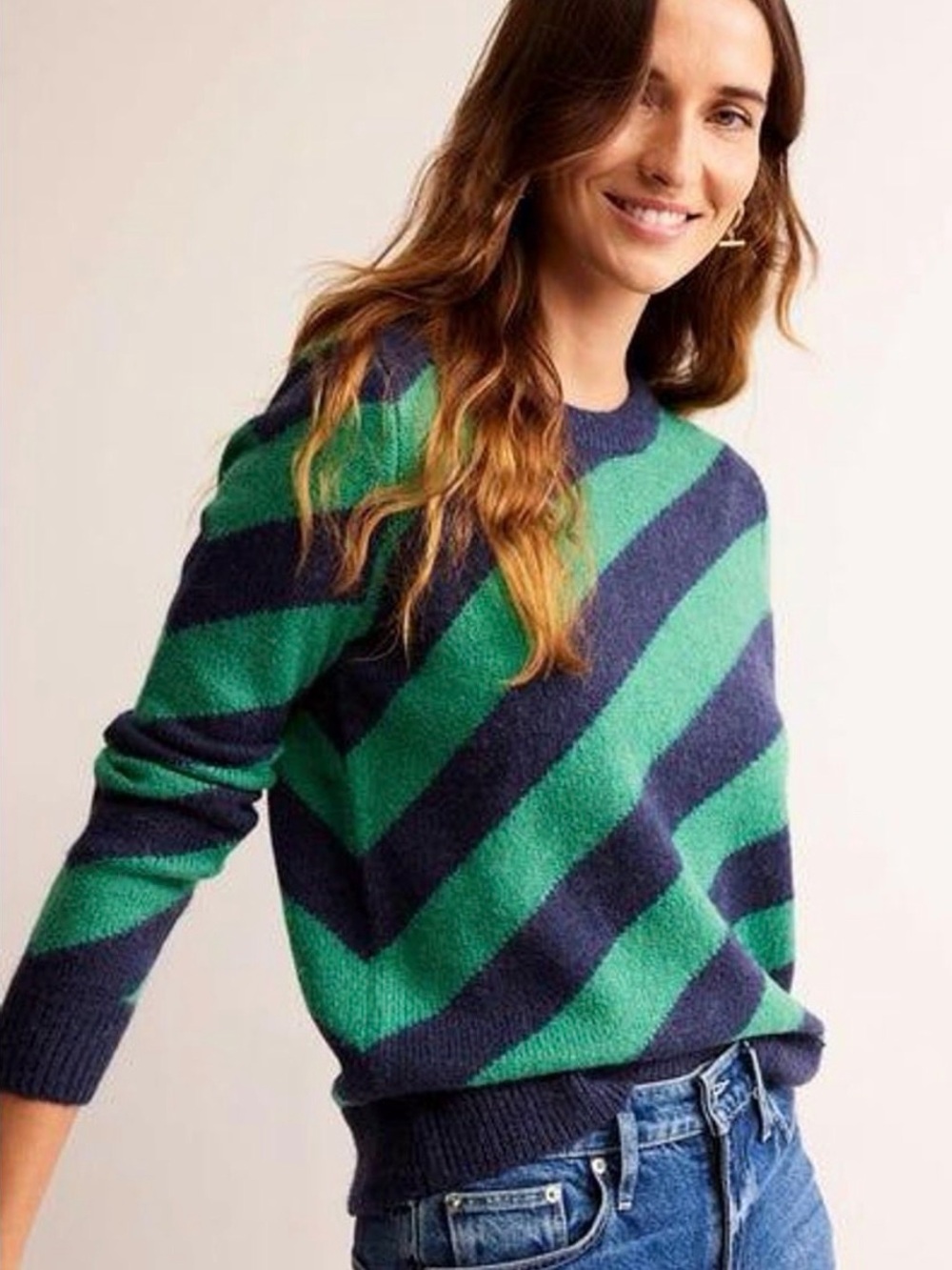 Boden Women's Crewneck Striped Sweater in Green and Navy